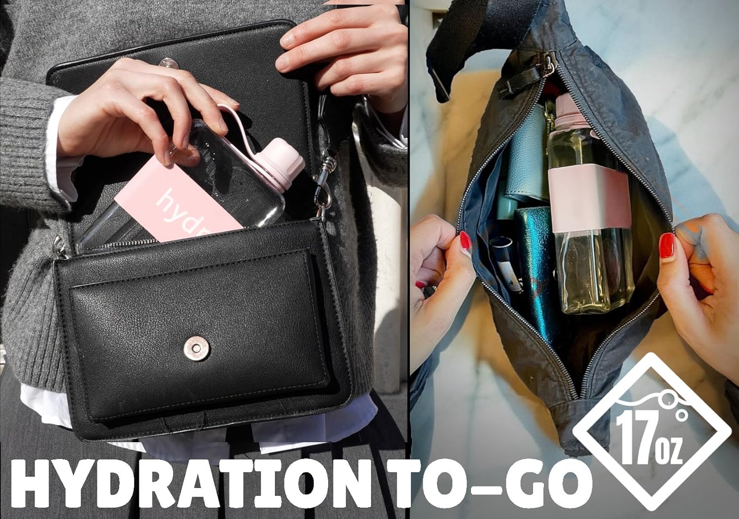 hydr | 17oz Flat Water Bottle For Purse & Flexible Cleaning Brush | Tritan BPA Free Square Water Bottle | Leak/Drop Proof Slim Water Bottles For Travel, small water bottles mini (Pink) - Image 2