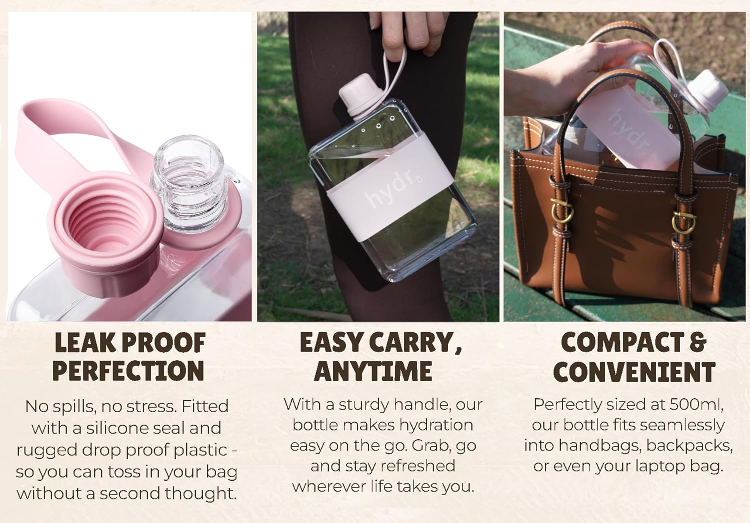 hydr | 17oz Flat Water Bottle For Purse & Flexible Cleaning Brush | Tritan BPA Free Square Water Bottle | Leak/Drop Proof Slim Water Bottles For Travel, small water bottles mini (Pink) - Image 3