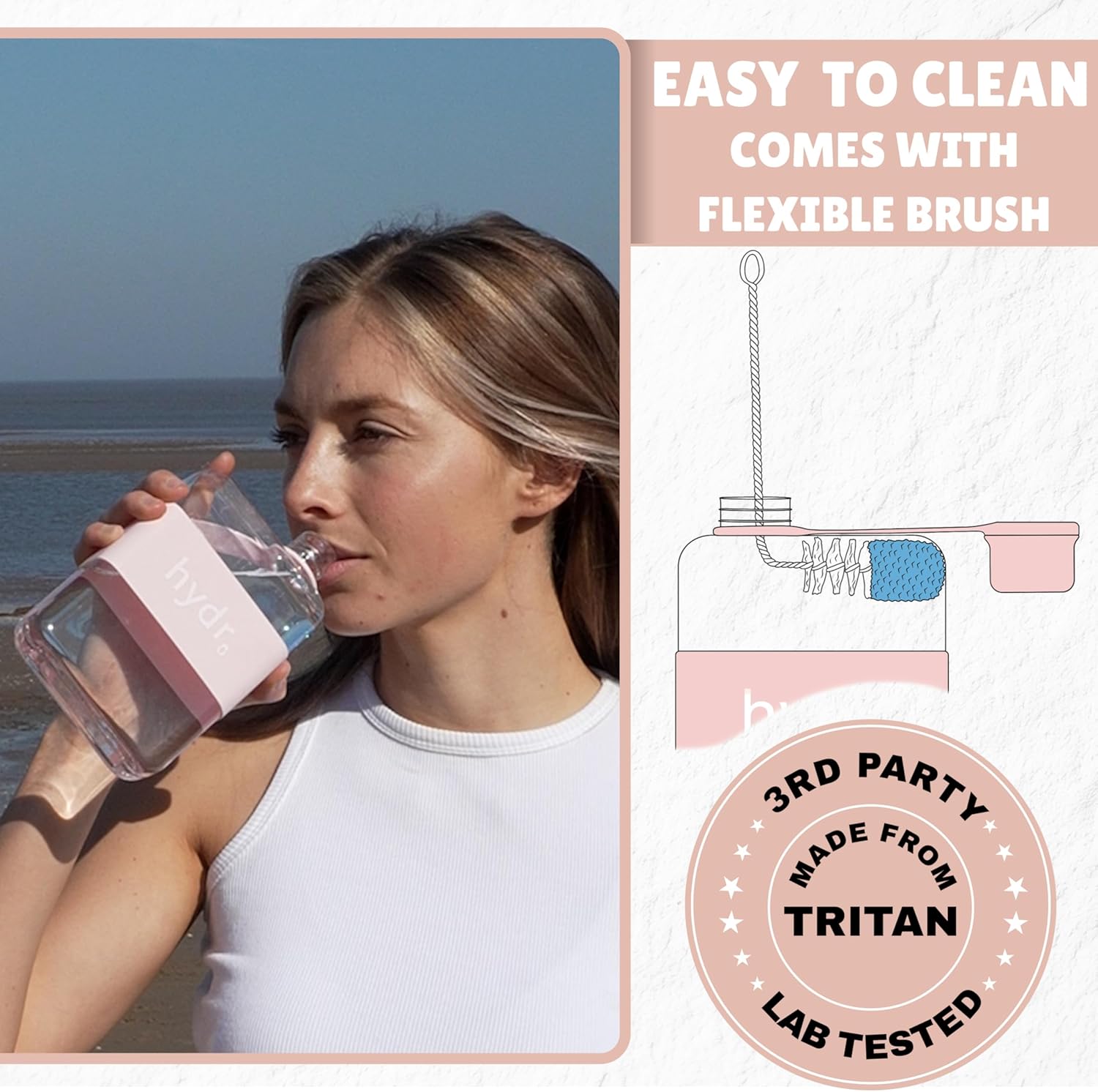 hydr | 17oz Flat Water Bottle For Purse & Flexible Cleaning Brush | Tritan BPA Free Square Water Bottle | Leak/Drop Proof Slim Water Bottles For Travel, small water bottles mini (Pink) - Image 5